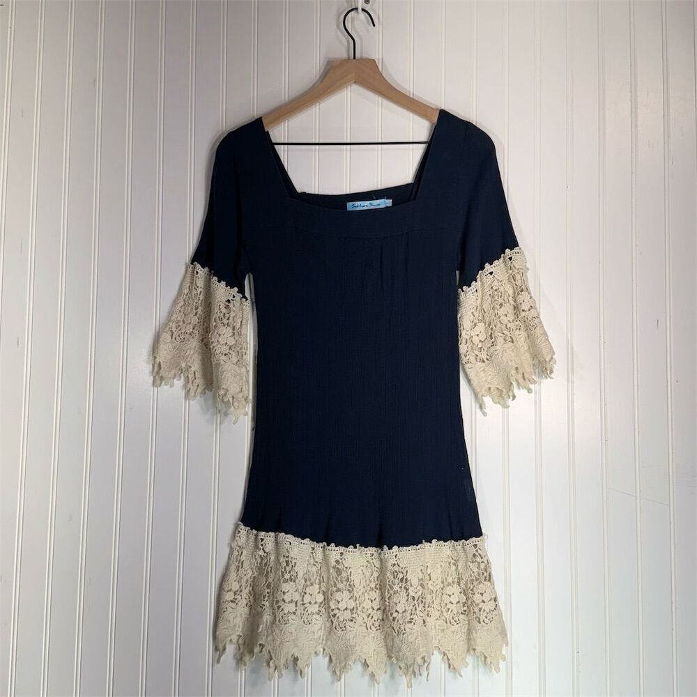 Solitaire Swim Navy Blue Boho Crochet Lace Dress | Cottagecore‎ Festival Tunic L